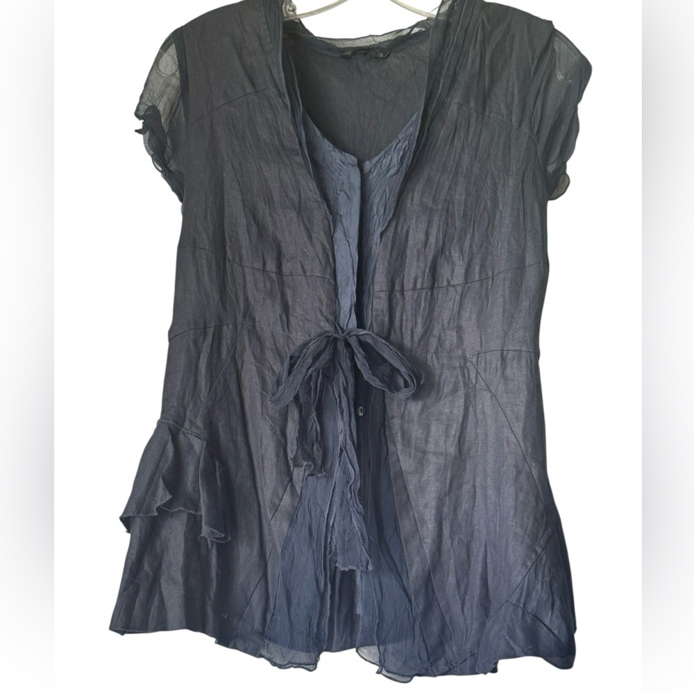Less Limen Silk Ruffle Top in Dark Blue Size Small - Picture 2 of 6